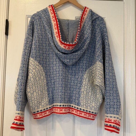 COCOBLEU NY Boho Hooded Knit Sweater | Blue Nordic Fair Isle Tassel Pullover M - Picture 3 of 6
